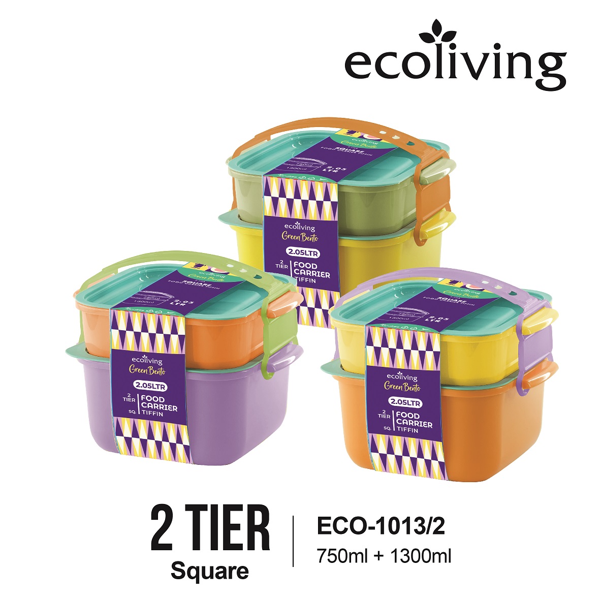 ECO LIVING 2/3 Tier Square Bento Lunch Box Food Carrier, Bekas Makanan, BPA Free, ECO-1013/2, ECO-1013/3 - Image 10