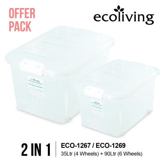 ECO LIVING OFFER PACK 35L+90L Stackable Transparent Storage Box with Wheels & Handle, ECO-1267/ECO-1269