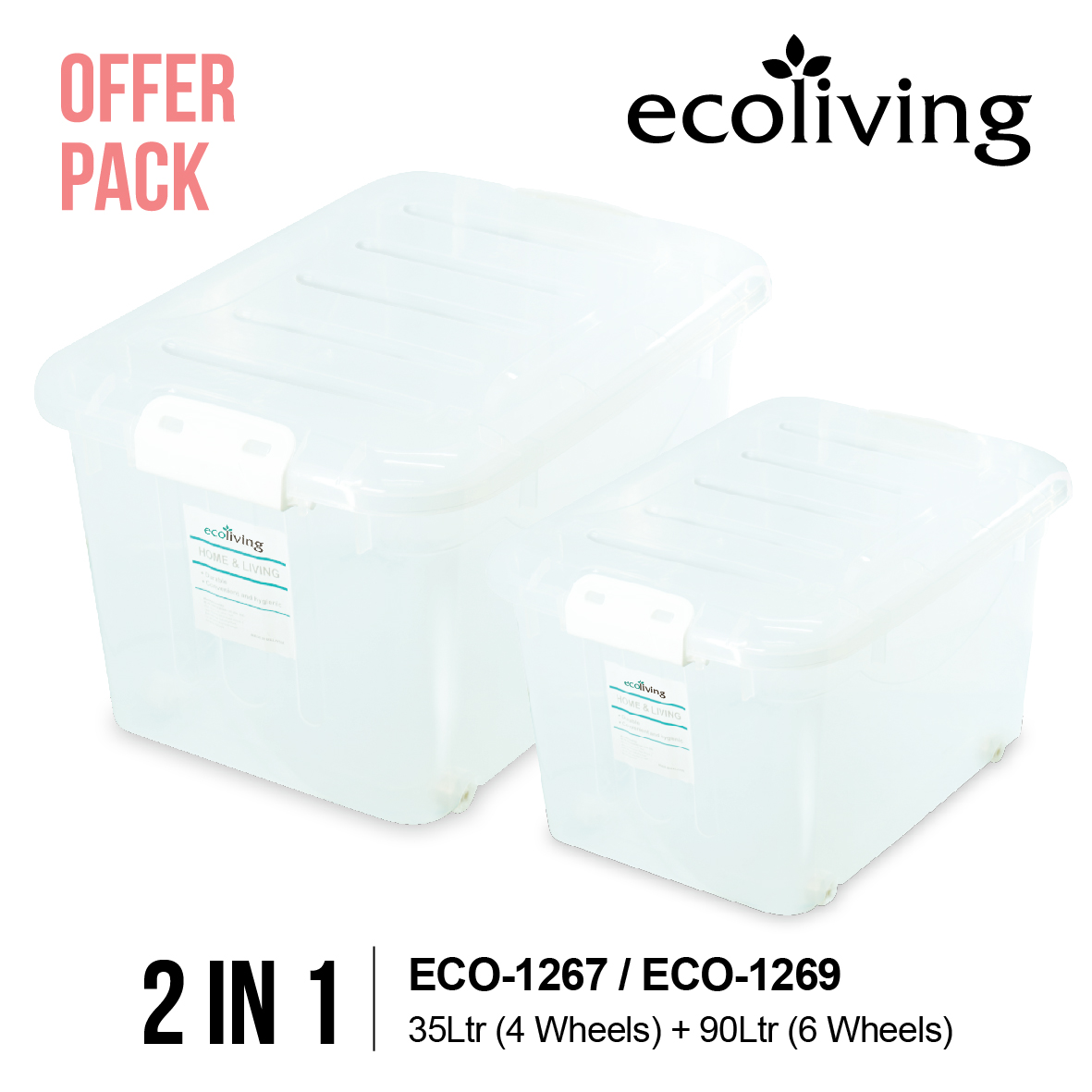 ECO LIVING OFFER PACK 35L+90L Stackable Transparent Storage Box with Wheels & Handle, ECO-1267/ECO-1269