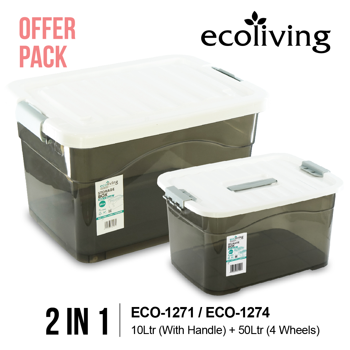 ECO LIVING OFFER PACK 2IN1 10L+50L Stackable Storage Box With Wheels, Kotak Penyimpanan, ECO-1271/ECO-1274