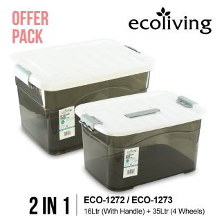 ECO LIVING OFFER PACK 2IN1 15L+35L Stackable Storage Box With Wheels, Kotak Penyimpanan, ECO-1272/ECO-1273
