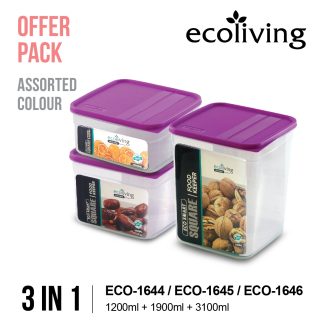 ECO LIVING OFFER PACK 1.2/1.9/3.1L SQ.AirTight Freezer ECO Smart Keeper,Food Container,Bekas Makanan, ECO-1644/1645/1646