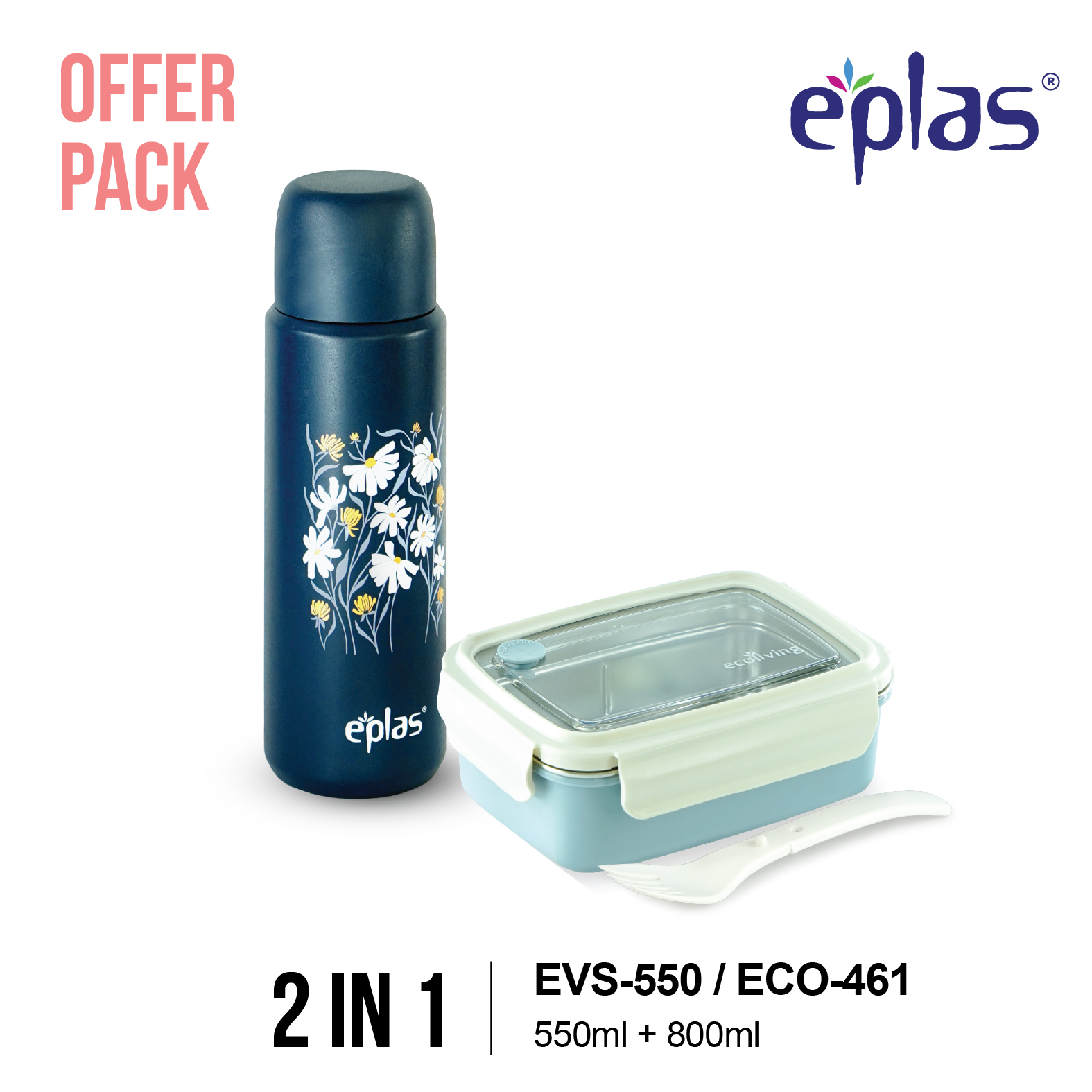 EPLAS OFFER PACK 2IN1 550+800ML S/Steel 316 Thermal Flask And Airtight S/Steel Lunch Box, EVS-550/ECO-461
