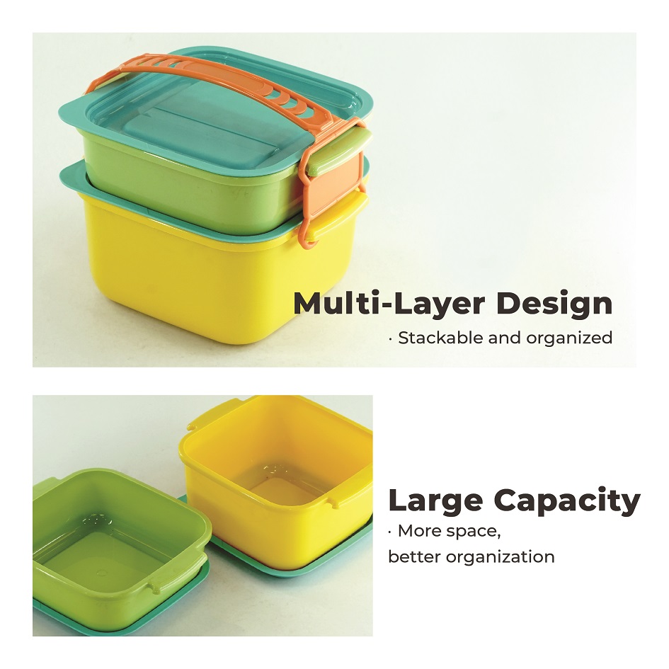 ECO LIVING 2/3 Tier Square Bento Lunch Box Food Carrier, Bekas Makanan, BPA Free, ECO-1013/2, ECO-1013/3 - Image 3